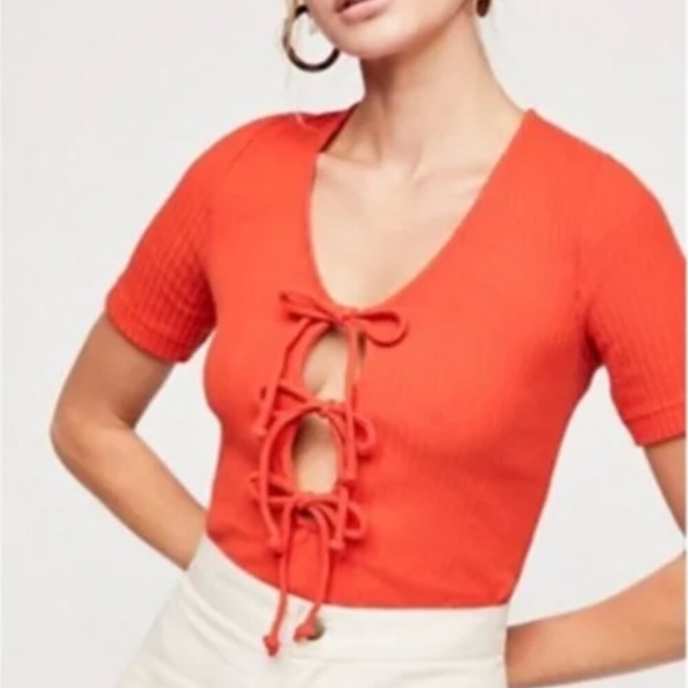 Free People Orange Ribbed Short Sleeve with Front Ties - Size S